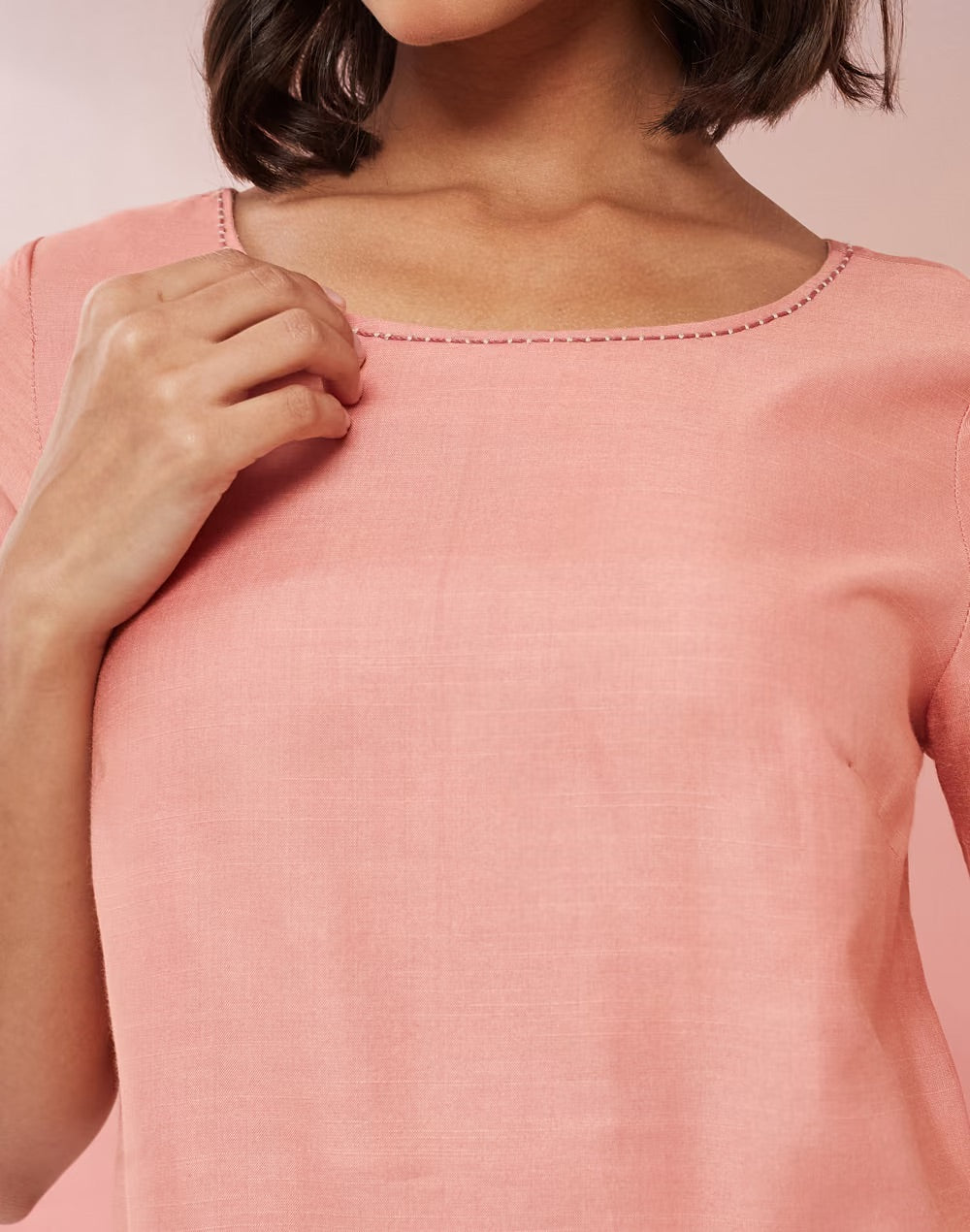Dusty Pink Viscose Silk Hand Embroidered Top for Women with hand-embroidered detailing