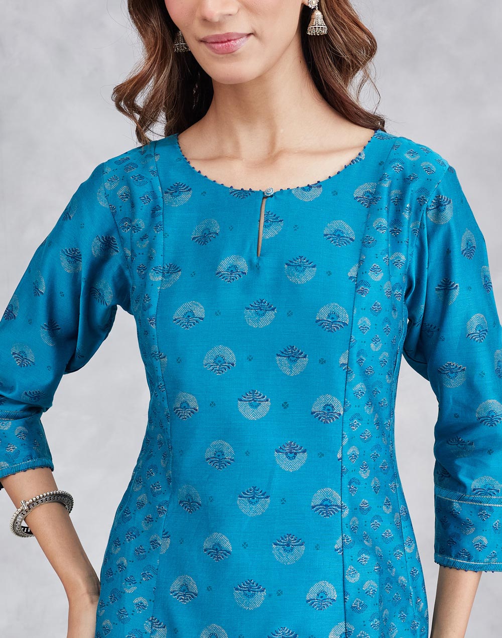 Teal Cotton Silk Hand Block Print Slim Fit Long Kurta