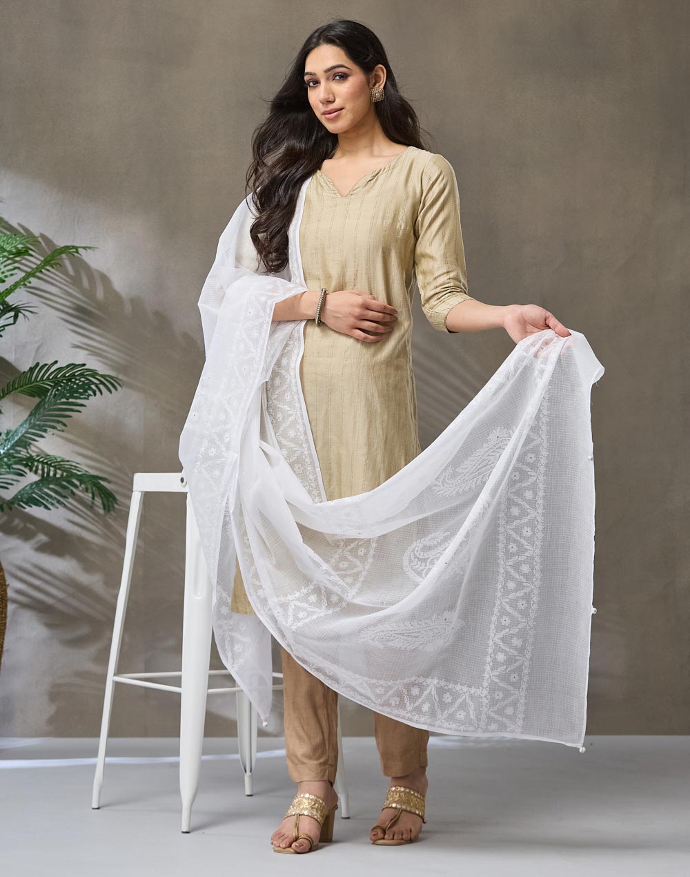 White Cotton Silk Blend Chikankari Dupatta