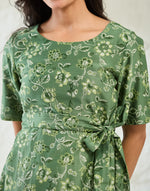 Green Cotton Silk Hand Block Printed Midi Dress