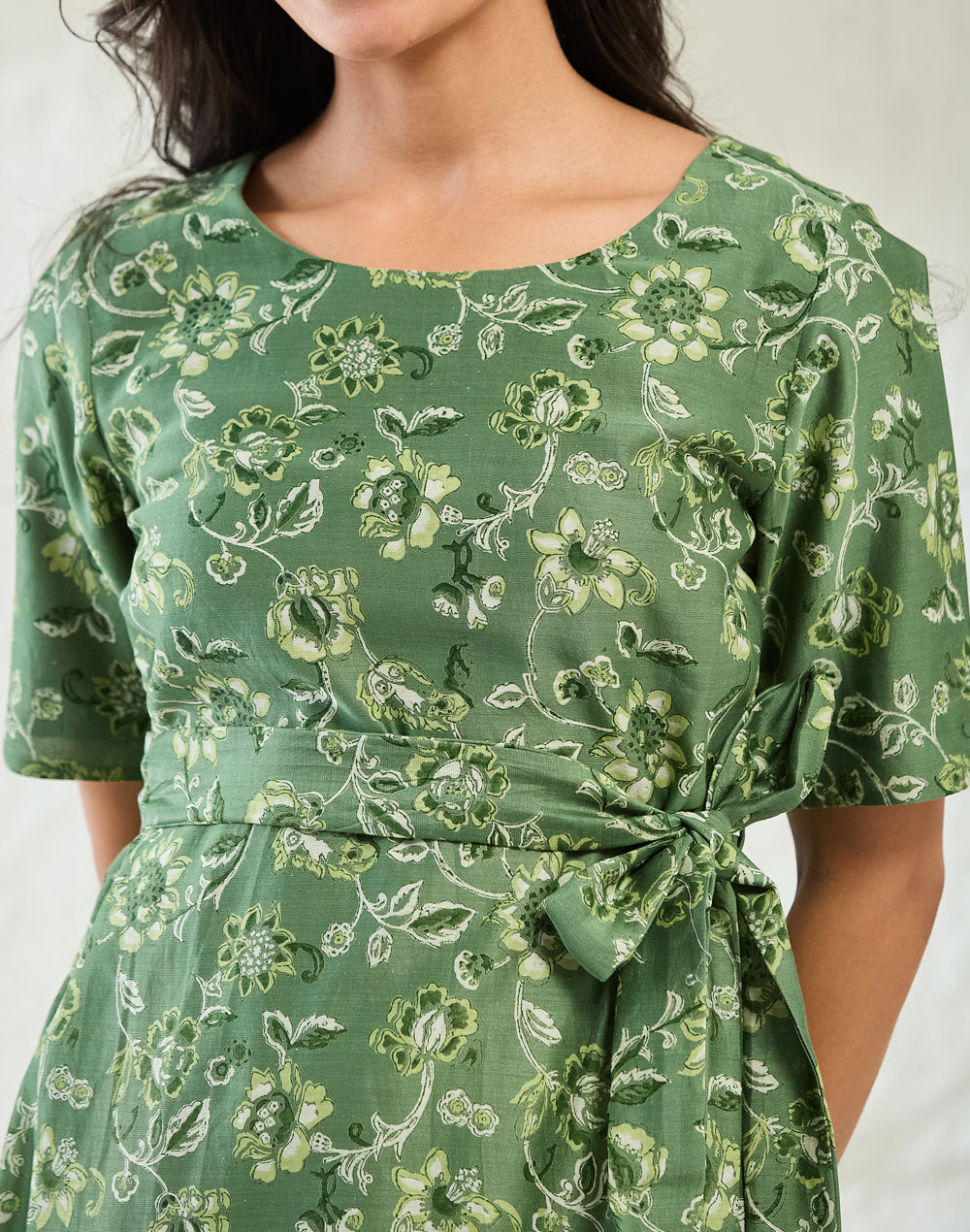 Green Cotton Silk Hand Block Printed Midi Dress