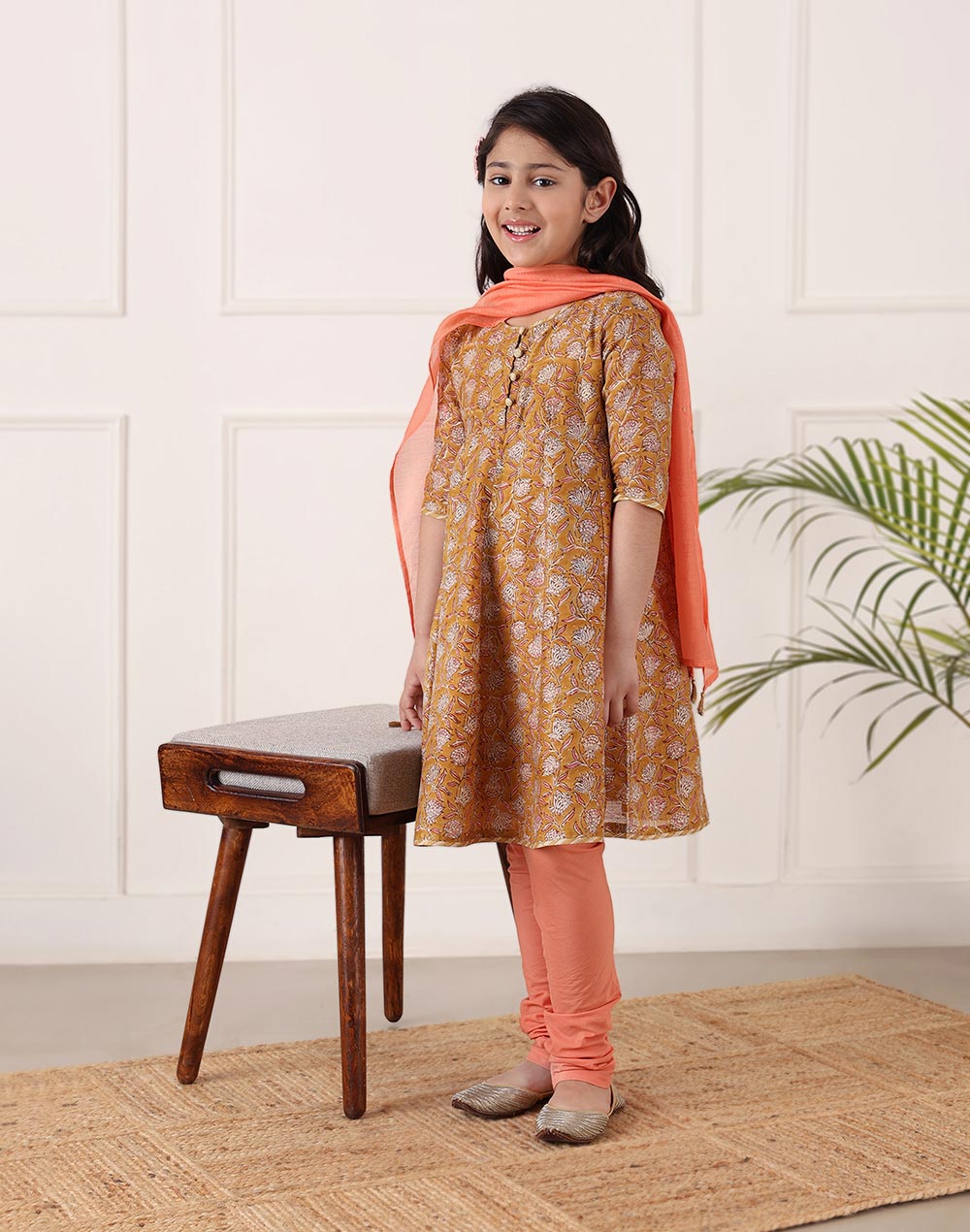 Mustard Cotton Silk Blend Hand Block Printed 3pc Churidar Set