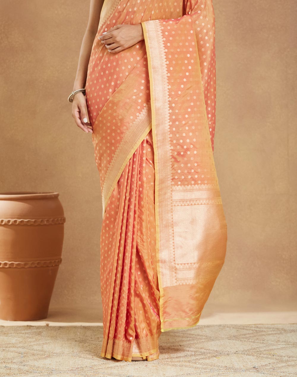 Orange Viscose Blend Banarsi Sari