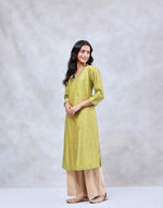 Green Cotton Silk Hand Embroidered Slim Fit Long Kurta