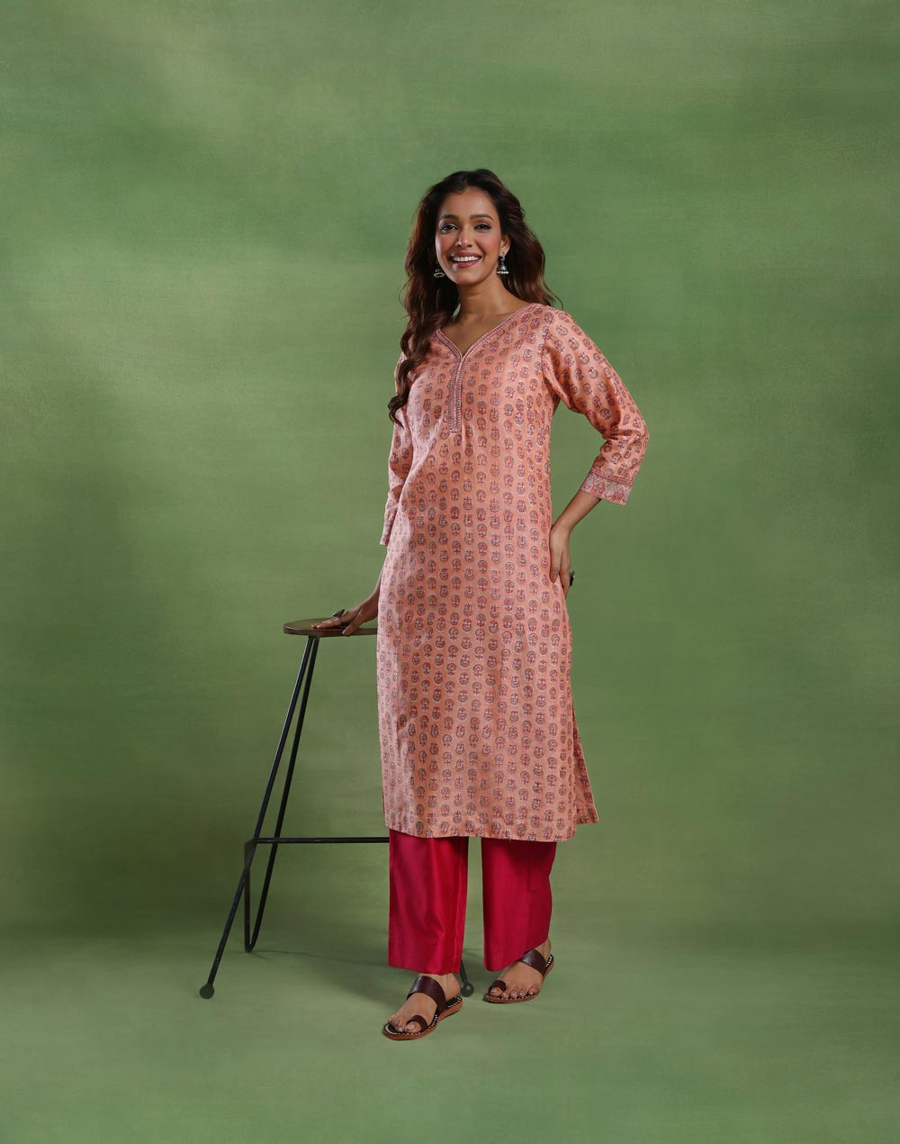 Pink Cotton Silk Long Kurta