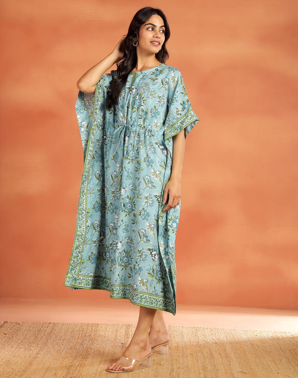 Blue Cotton Hand Block Printed Kaftan