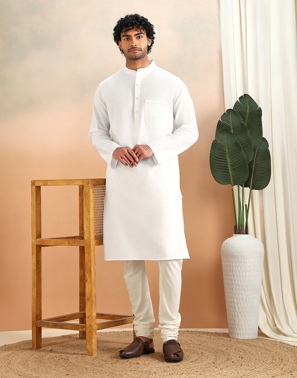 White Cotton Slim Fit Long Kurta