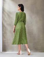 Green Rayon Blend Hand Block Printed Camelia Wrap Midi Dress