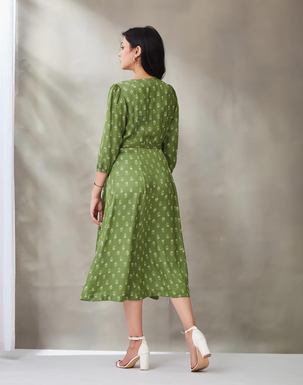 Green Rayon Blend Hand Block Printed Camelia Wrap Midi Dress