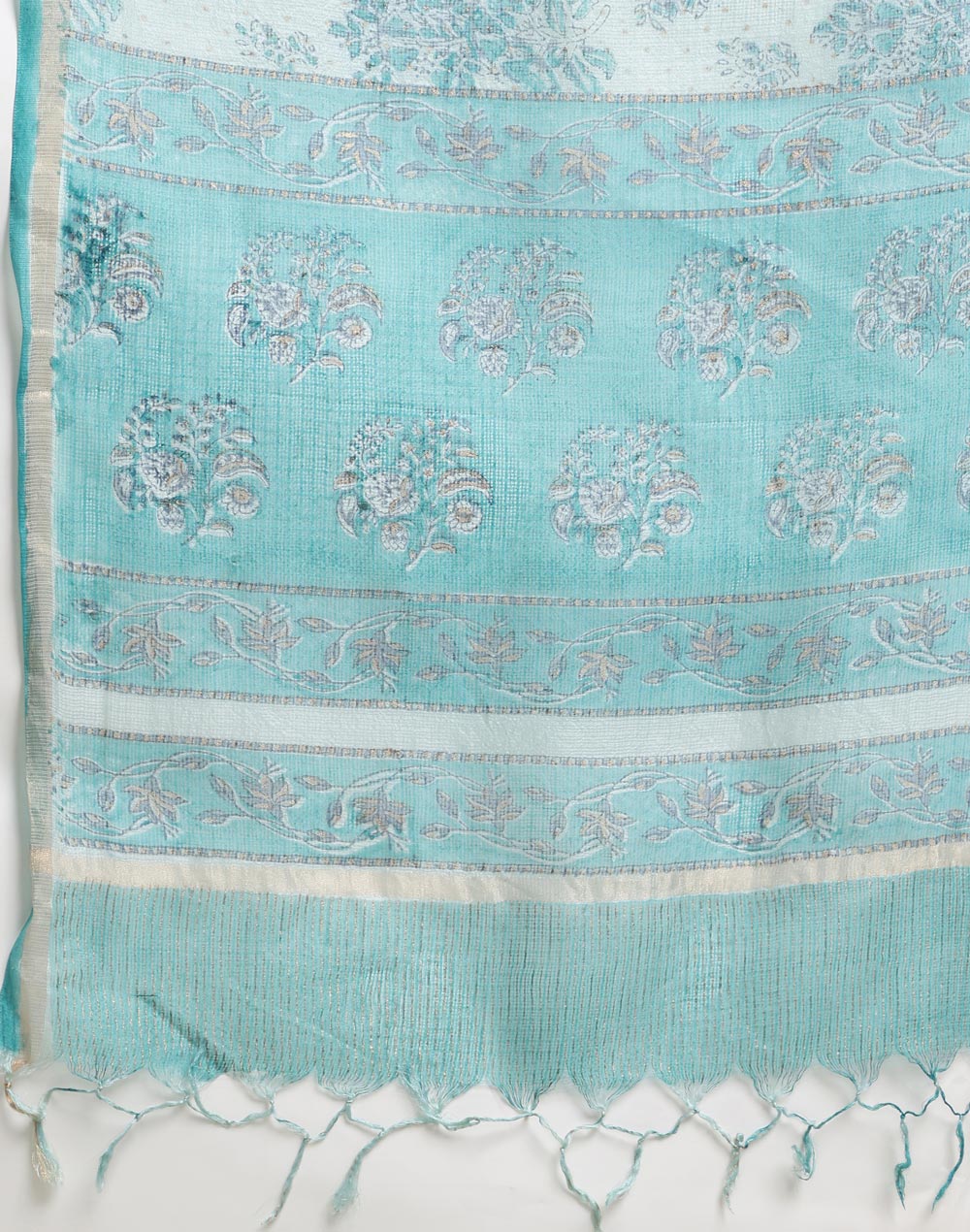 Turquoise Silk Blend Hand Block Printed Dupatta