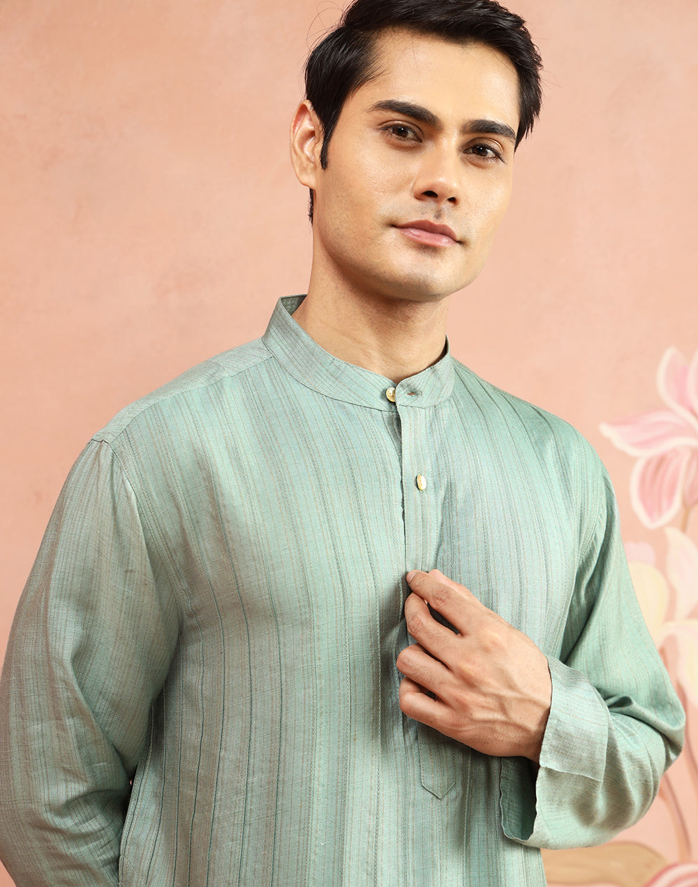 Sage Viscose Blend Stripe Long Kurta