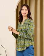 Green-Blue Indian Tunic with Chinese collar placket and three-quarter sleeves
