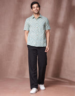 Teal Cotton Hand Block Printed Bush Shirt