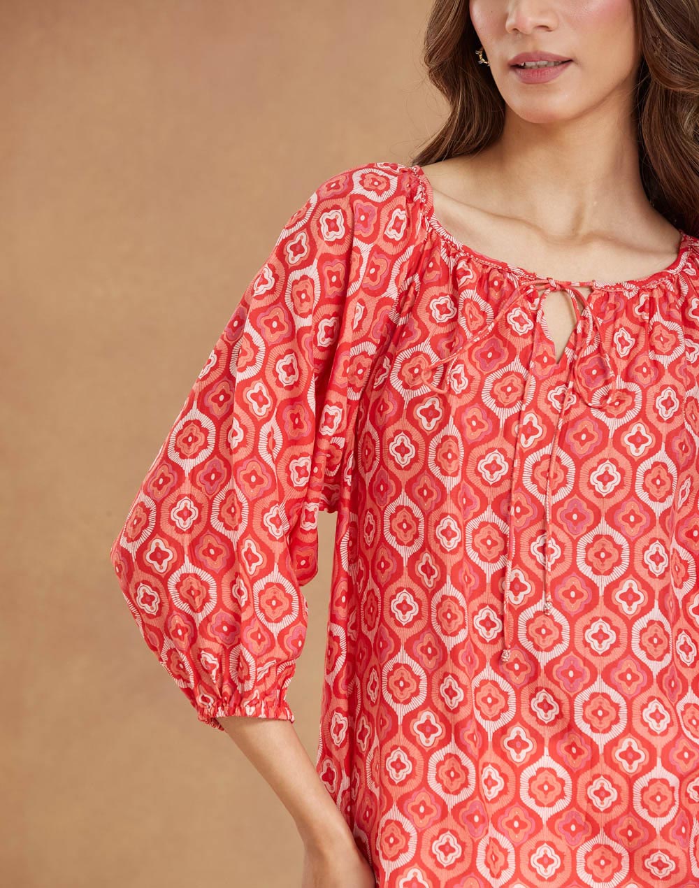 Red Rayon Blend Printed Top