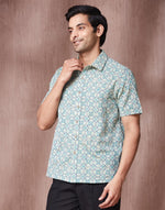 Teal Cotton Hand Block Printed Bush Shirt