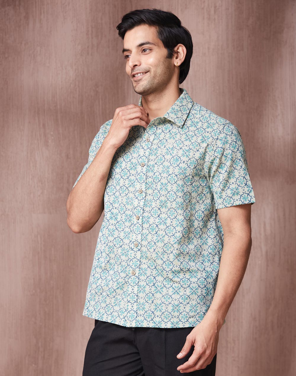 Teal Cotton Hand Block Printed Bush Shirt