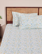 Teal Cotton Printed Bed Sheet With 2 Pillow Covers