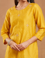 Mustard Cotton Silk Embroidered Long Kurta