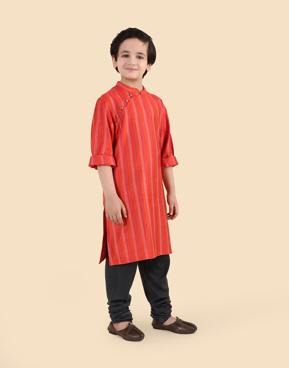 Red Viscose Blend Stripe Long Kurta