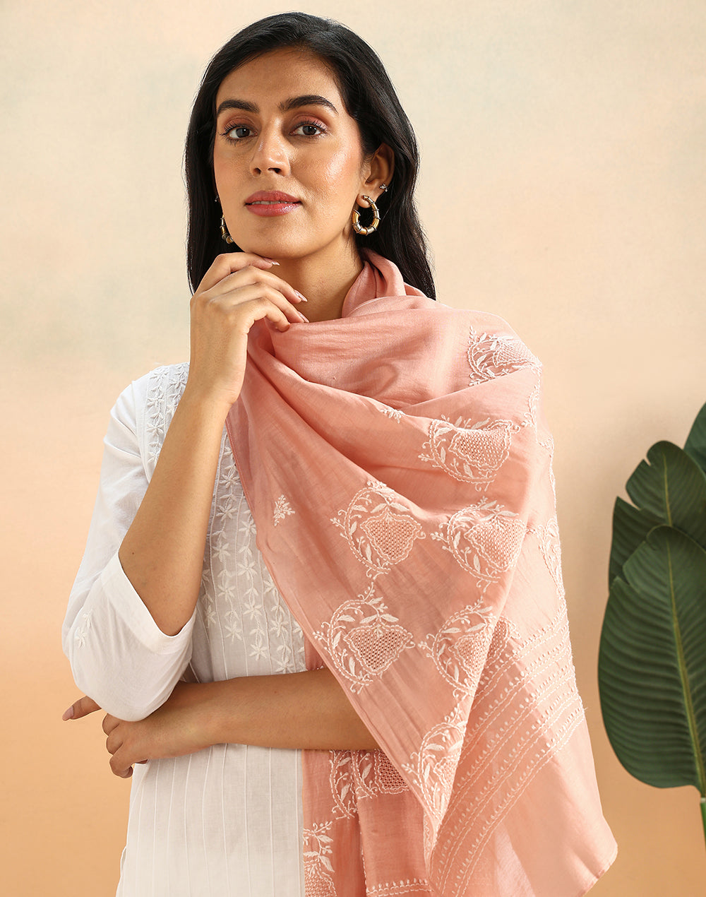 Pink Cotton Silk Chikankari Stole