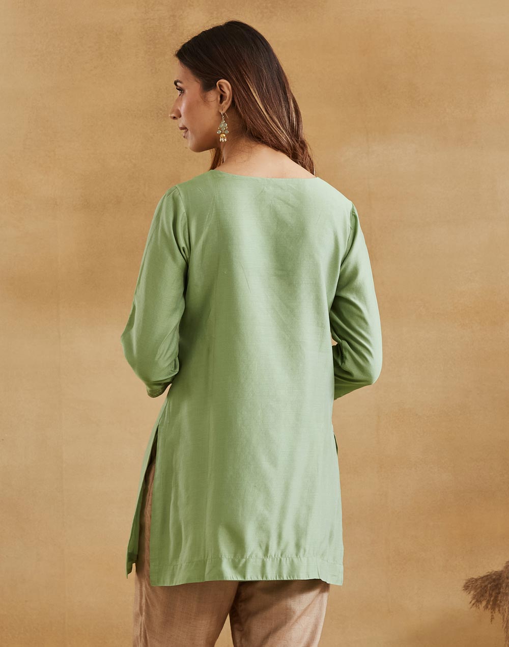 Green Cotton Silk Short Kurta