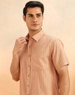 Beige Cotton Blend Striped Bush Shirt