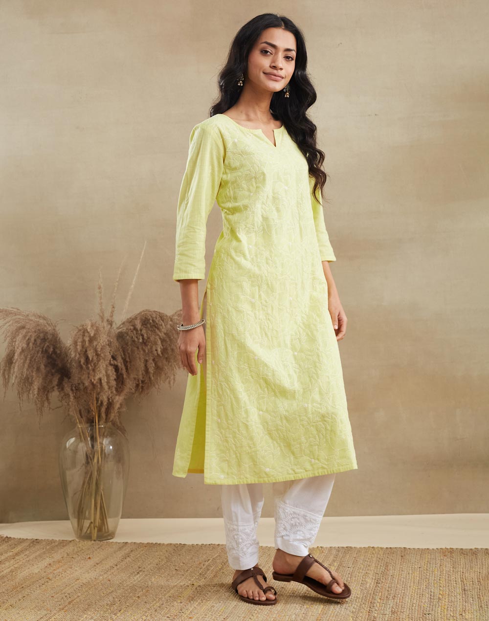 Yellow Cotton Chikankari Long Kurta