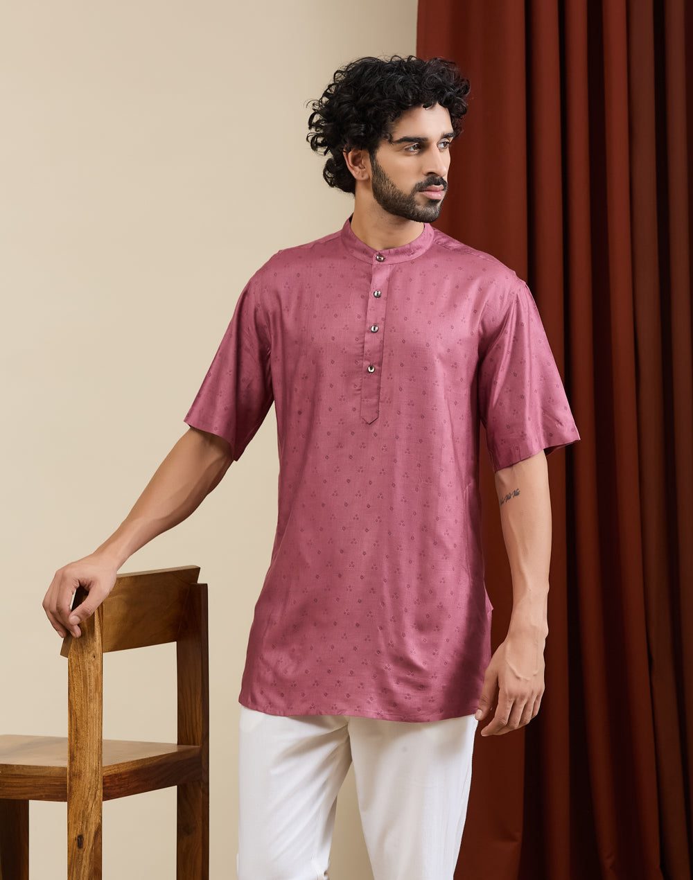 Pink Viscose Silk Printed Short Kurta