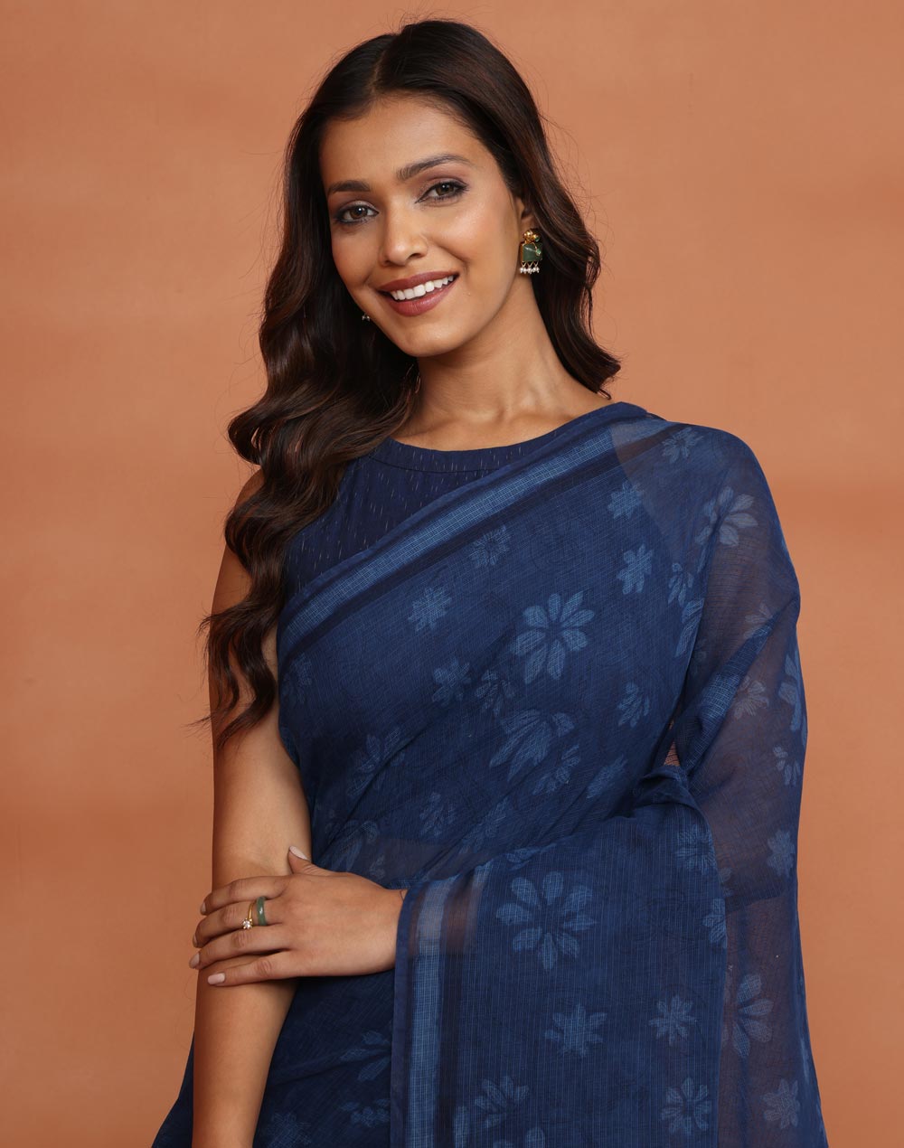 Indigo Cotton Silk Dabu Printed Sari