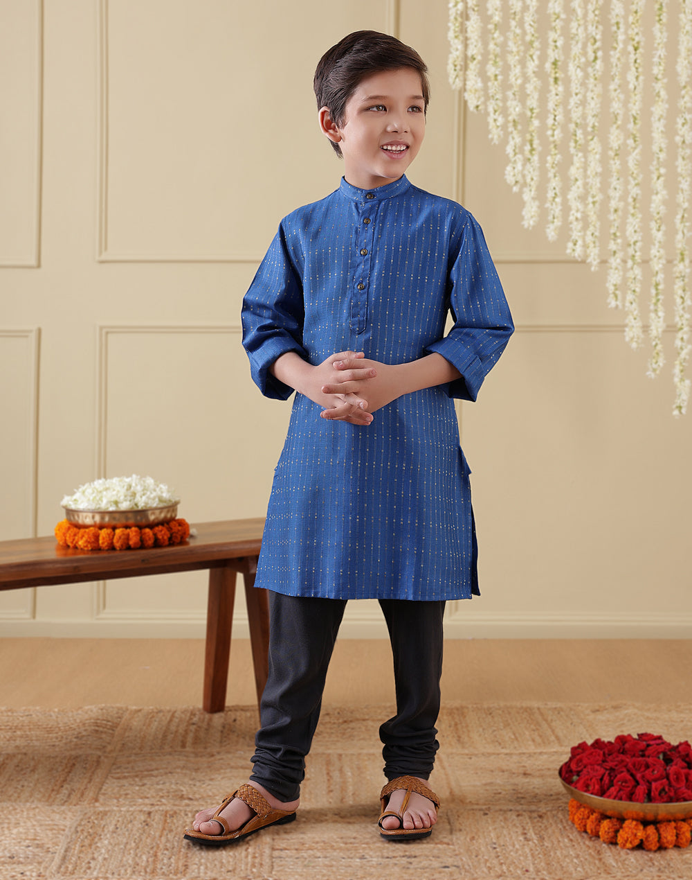 Navy Viscose Blend Dobby Long Kurta
