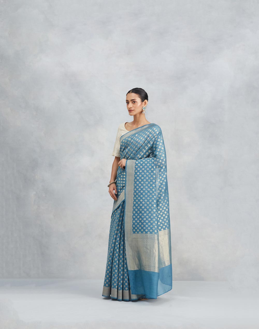 Blue Cotton Silk Blend Banarsi Sari