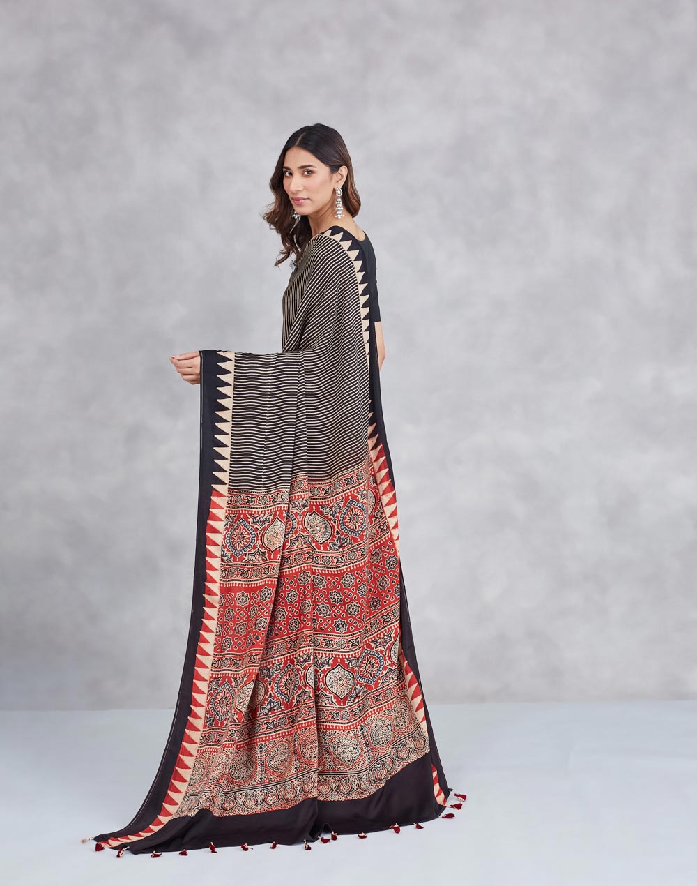Black Viscose Blend Ajrakh Printed Sari