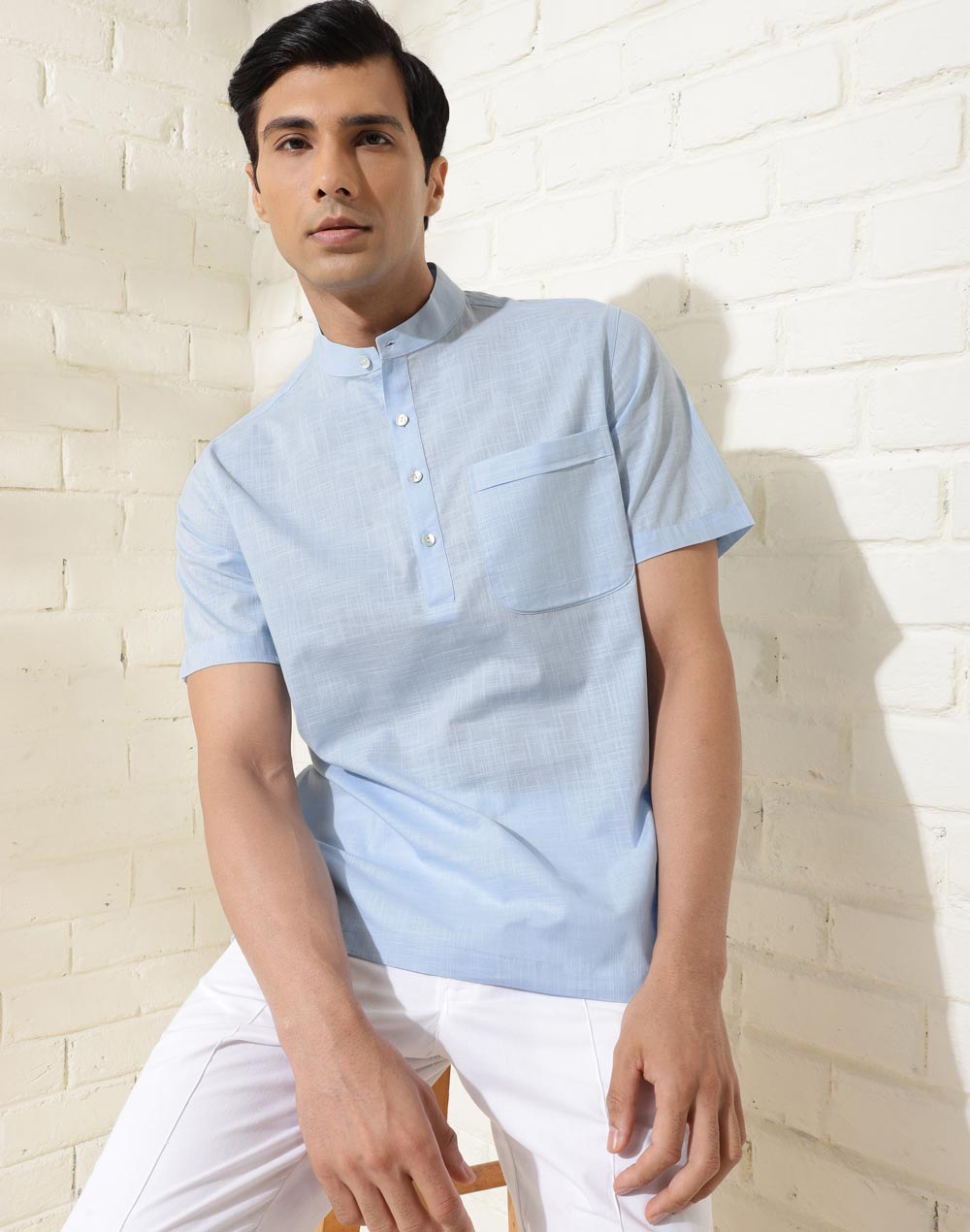 Light Blue Cotton Comfort Fit Mid Placket Shirt