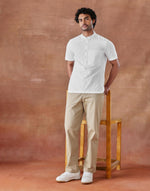White Cotton Hand Block Printed Slim Fit Mid Placket Shirt
