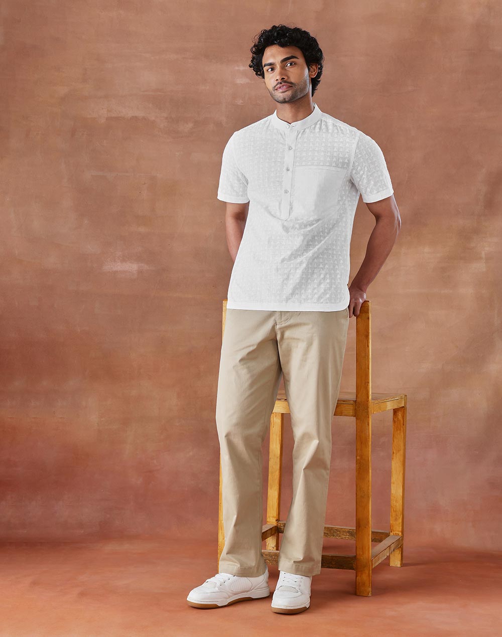 White Cotton Hand Block Printed Slim Fit Mid Placket Shirt
