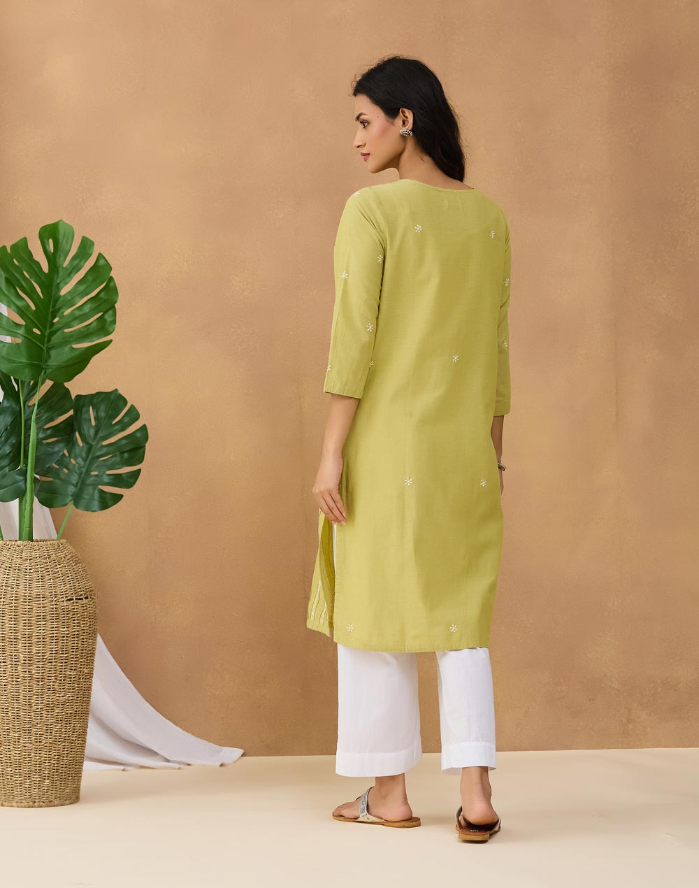 Green Cotton Chikankari Knee Length Kurta