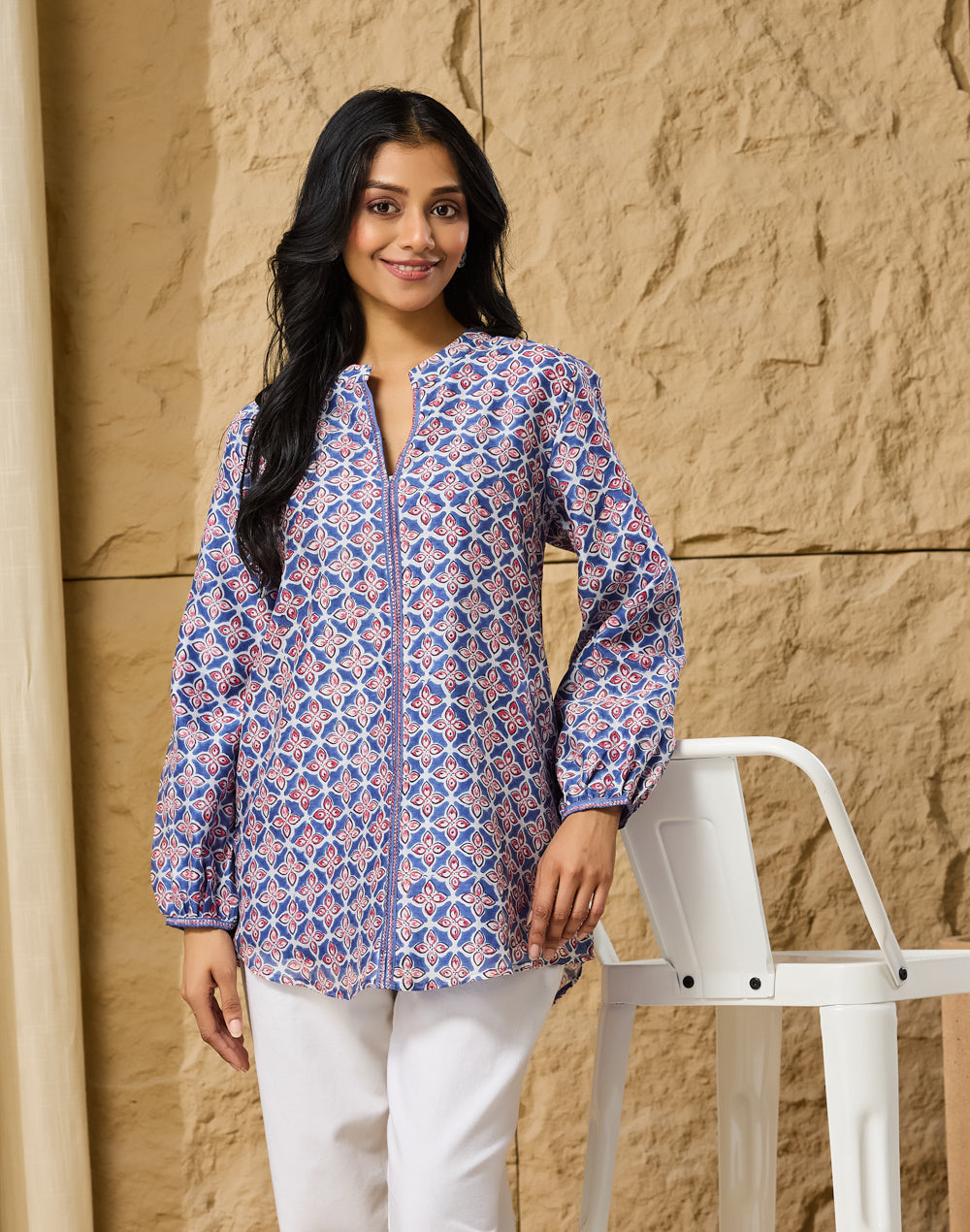 Blue-Pink Cotton Silk Hand Block Printed Clara Tunic