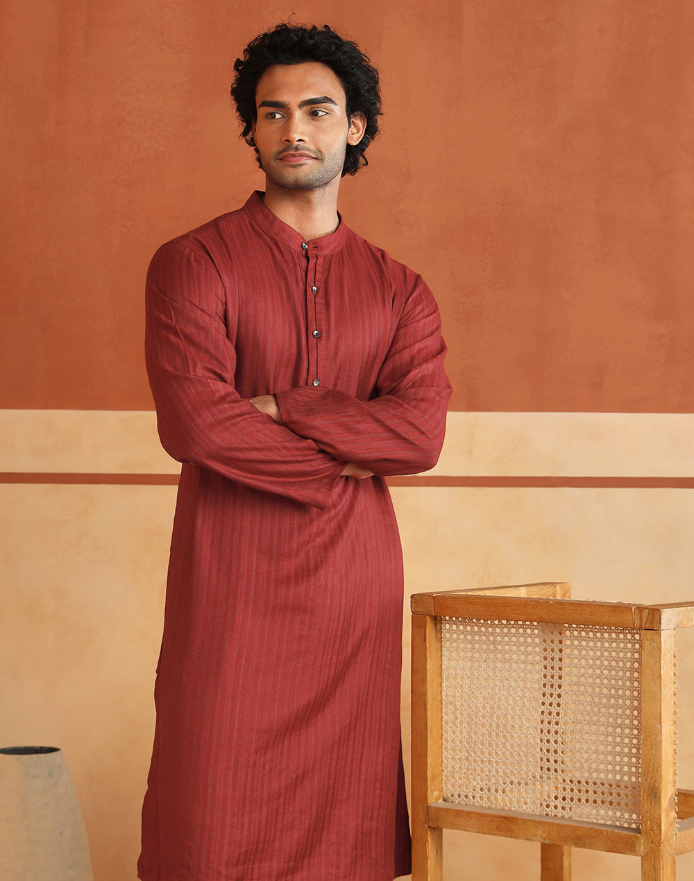 Dobby weave detail on the Red Dobby Long Kurta