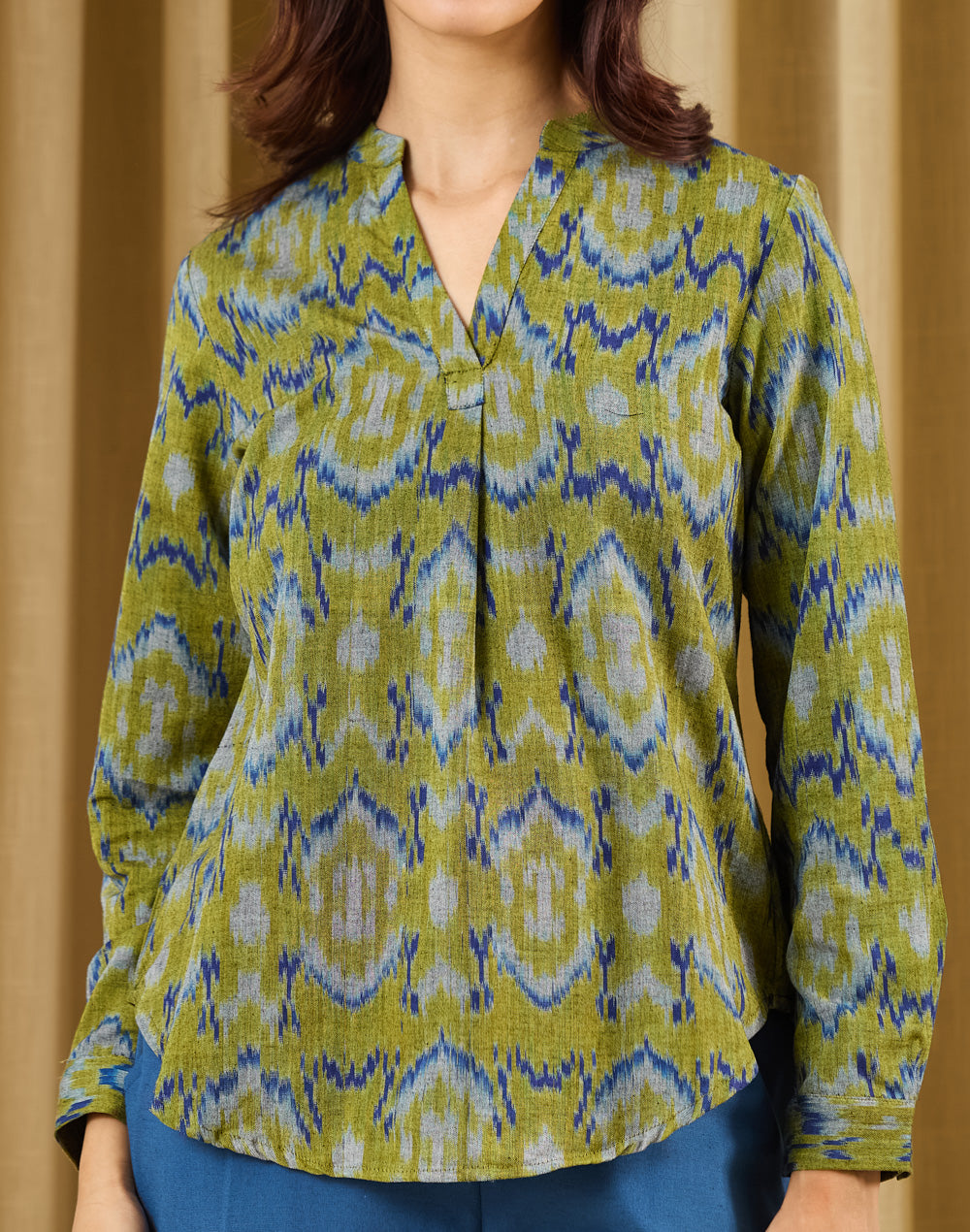 Green-Blue Cotton Indian Tunic for Women with an ikat-style motif