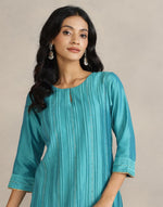 Turquoise Cotton Silk Pintucks Long Kurta