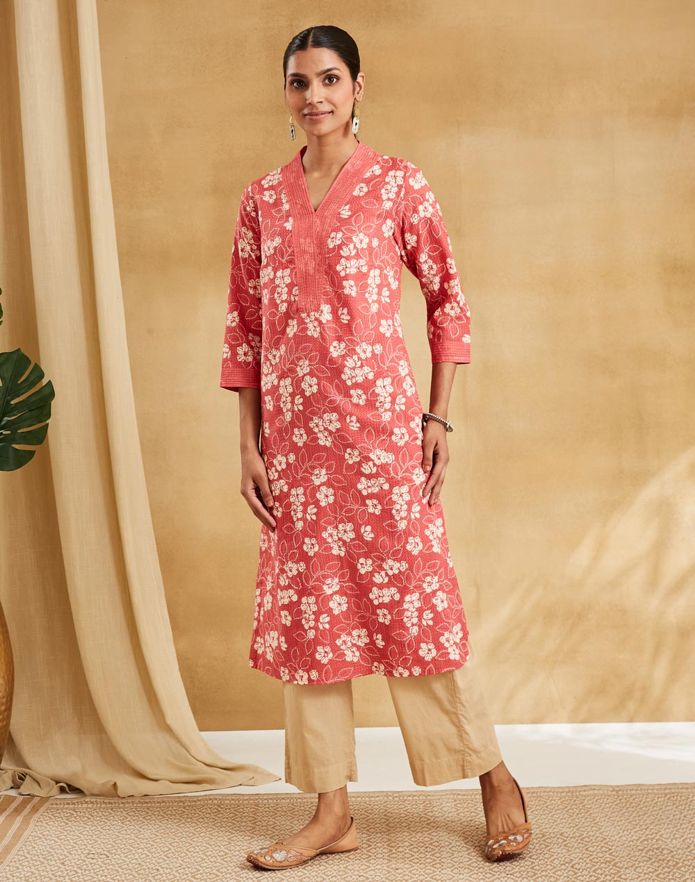 Pink Cotton Hand Block Print Long Kurta