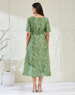 Green Cotton Silk Hand Block Printed Midi Dress