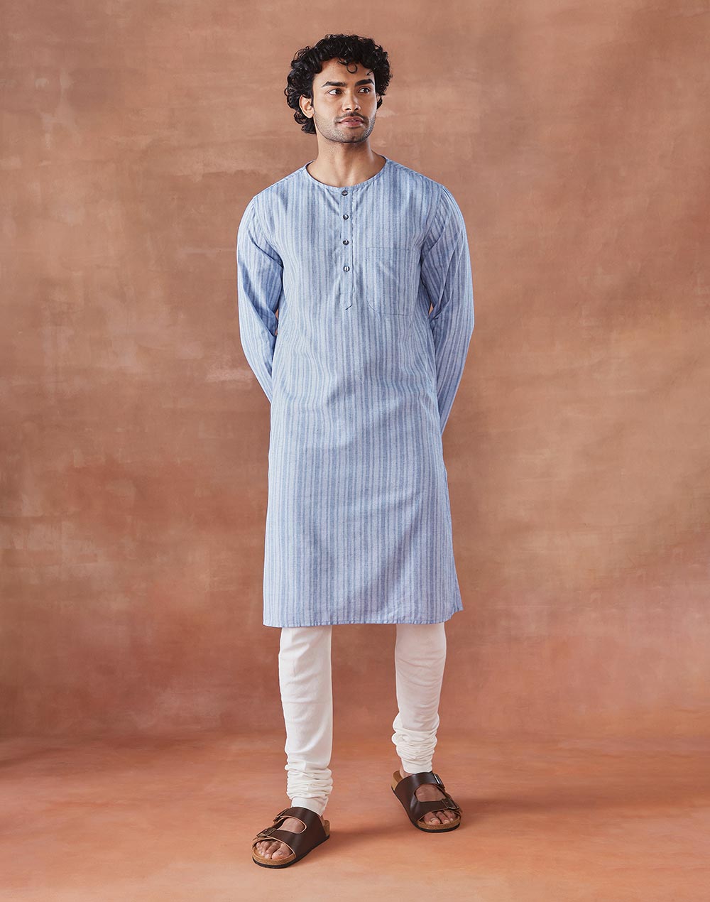Blue Cotton Stripe Long Kurta