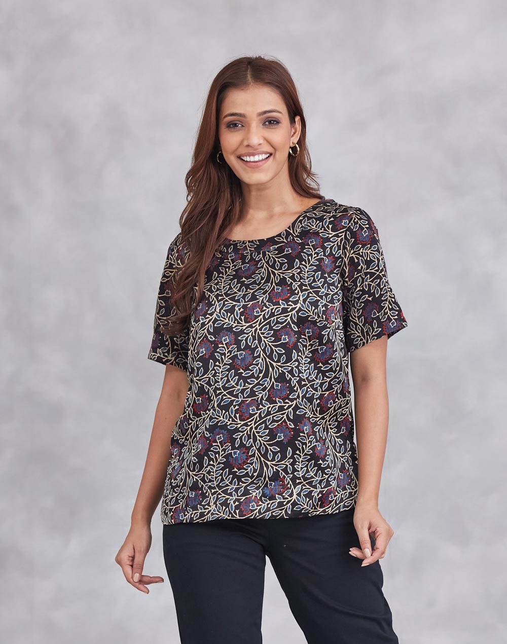 Black Viscose Cotton Ajrakh Printed Top
