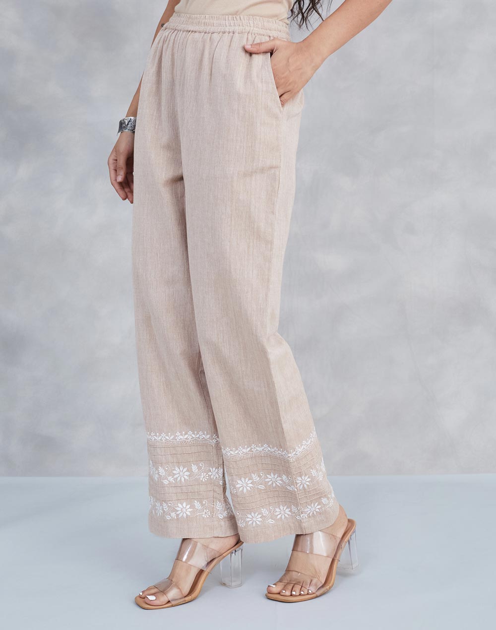 Beige Cotton Chikankari Pallazo
