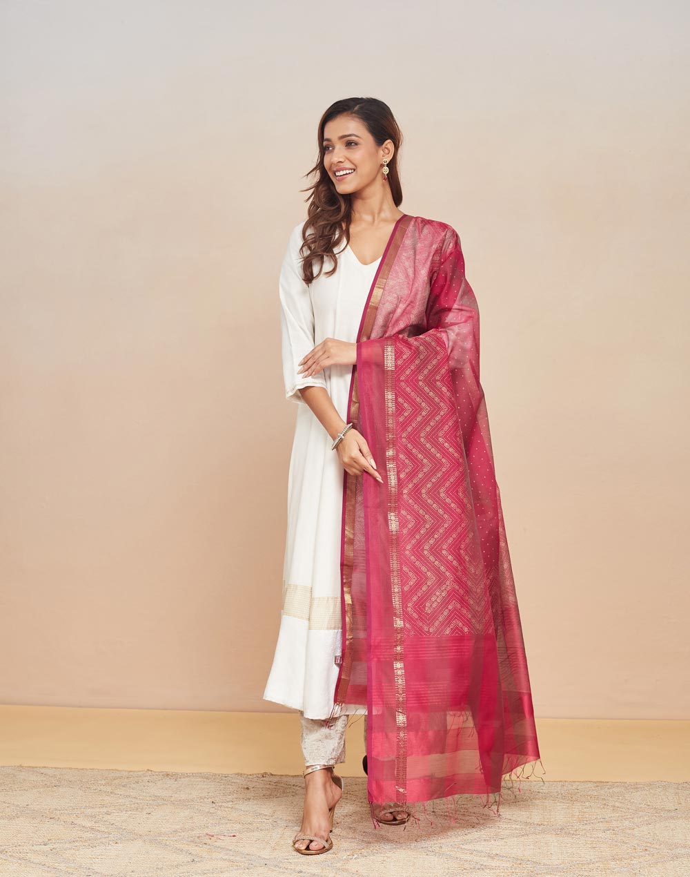 Pink Cotton Silk Blend Hand Block Printed Dupatta