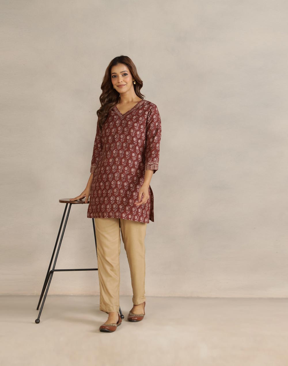 Maroon Cotton Silk Hand Block Printed Slim Fit Short Kurta