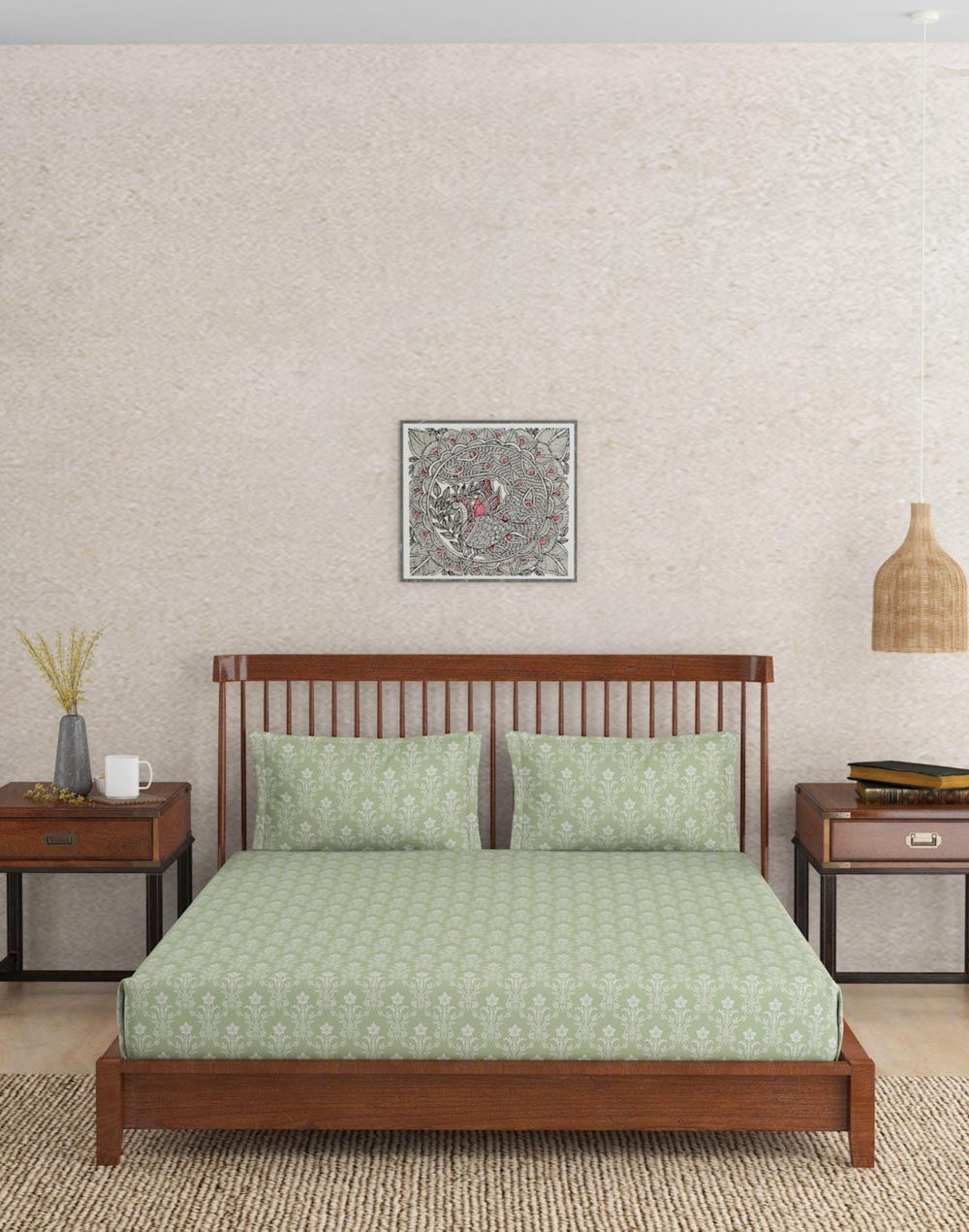 Green Roshni Printed Cotton Bed Sheet With Pillow Covers