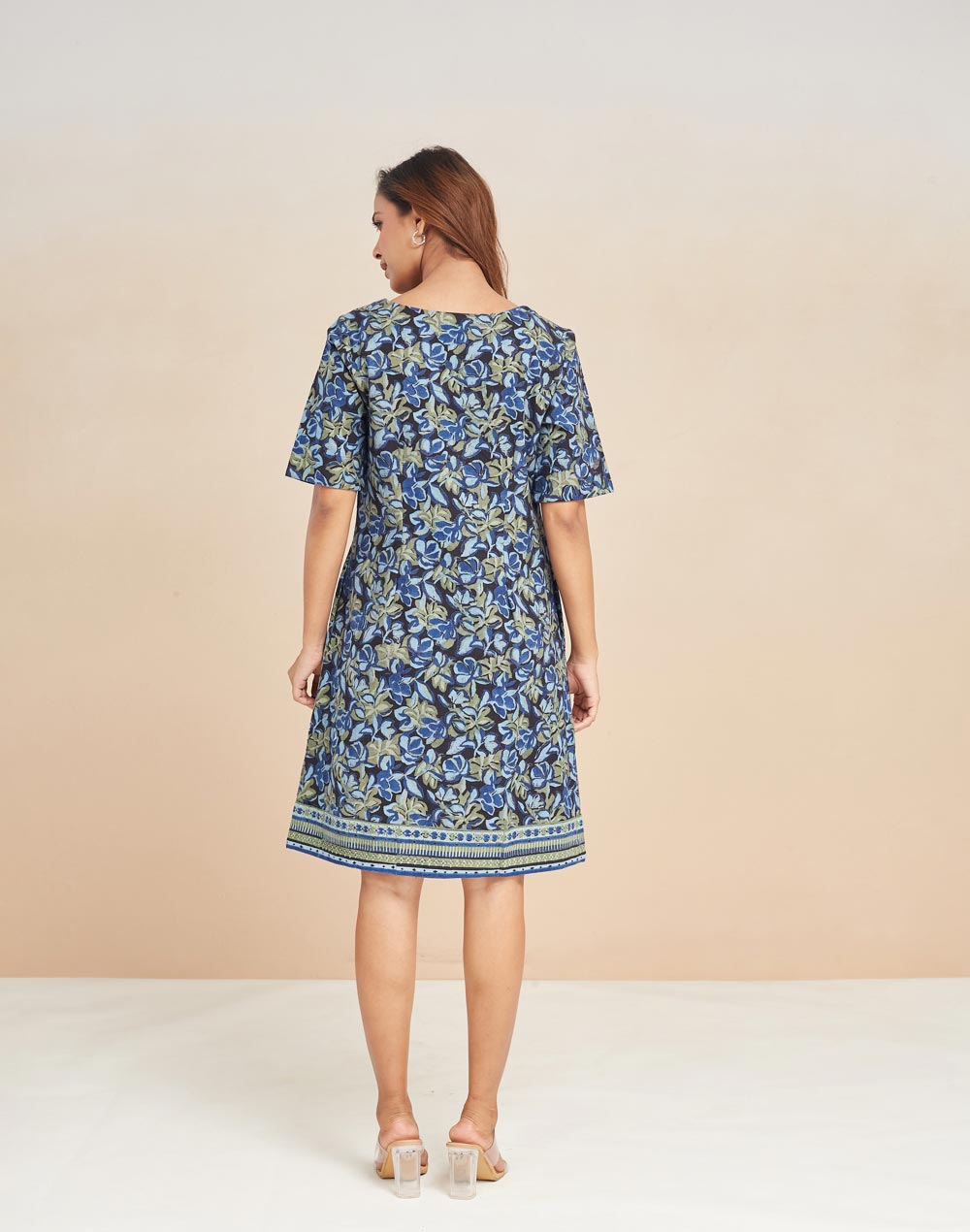 Green Cotton Hand Block Printed Short Dress