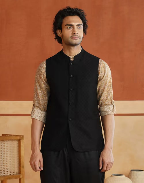 Viscose silk fabric detail on the Black Nehru Jacket